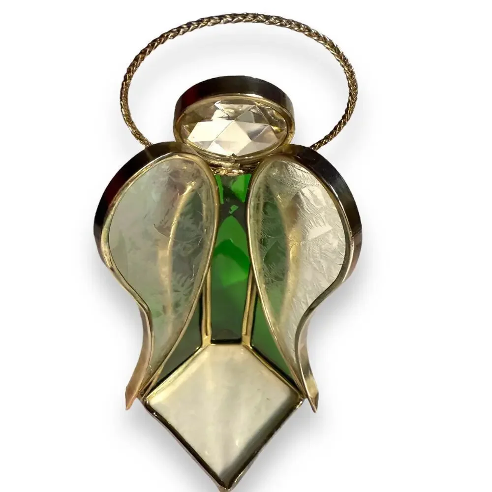 VTG Green Stained Glass Gold Tone Angel Candle Votive Holder Signed Leny 1979